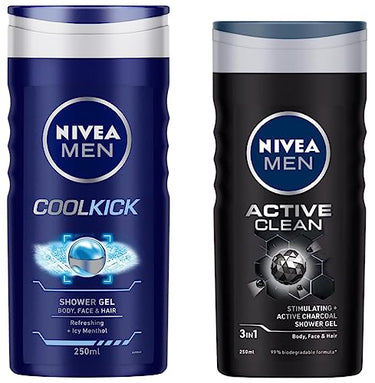Nivea Men Shower Gel, Active Clean Body Wash, Men, 250ml & Men Shower Gel, Cool Kick Body Wash, 250ml
